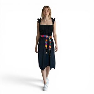 Nation LTD Black Cotton Midi Dress Ruffle Strap Sleeveless Sundress XS